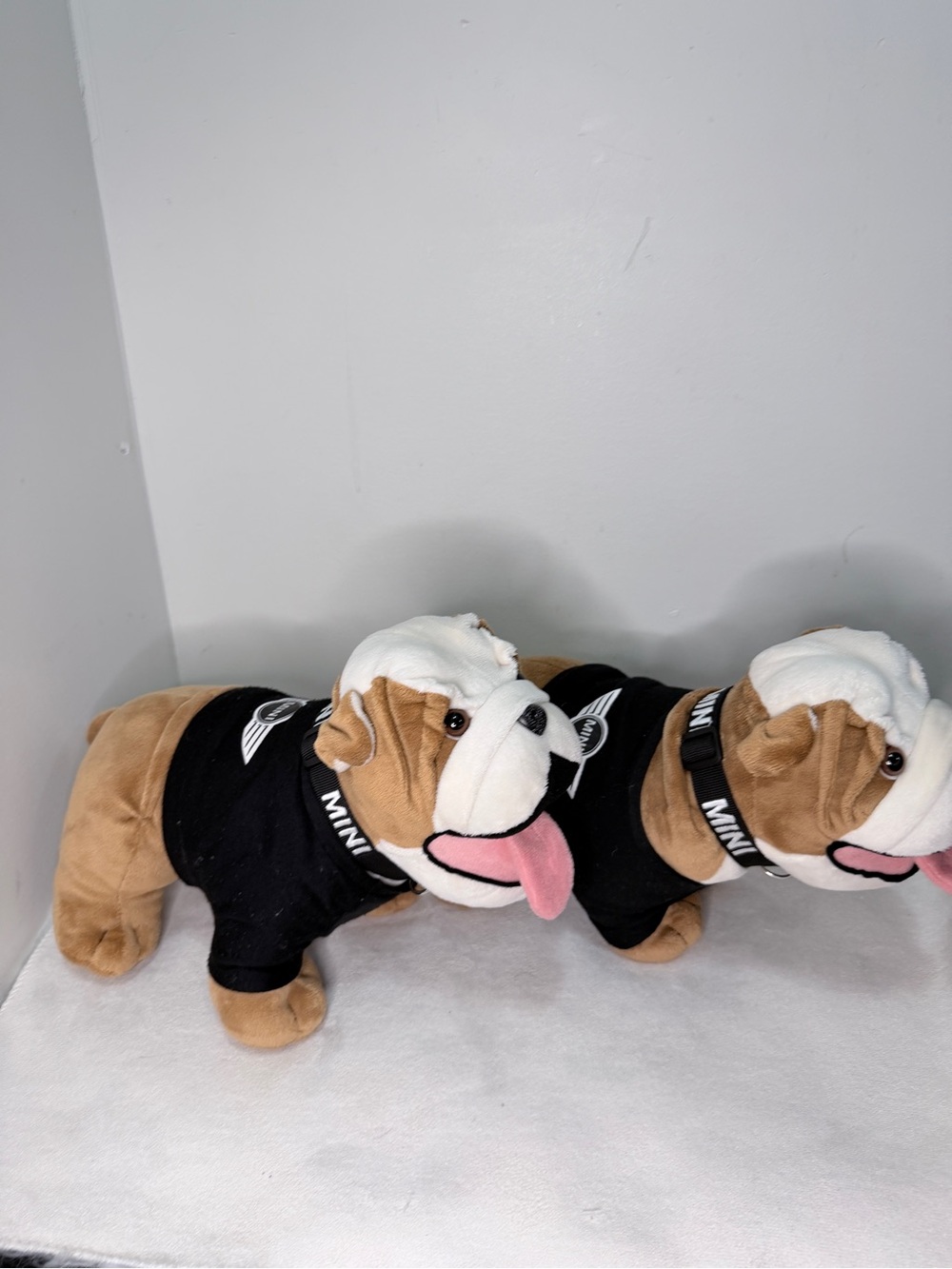 BMW MINI COOPER Pair Plush Bulldog Dog Toy in Brown, White & Black LOT 2 New Con